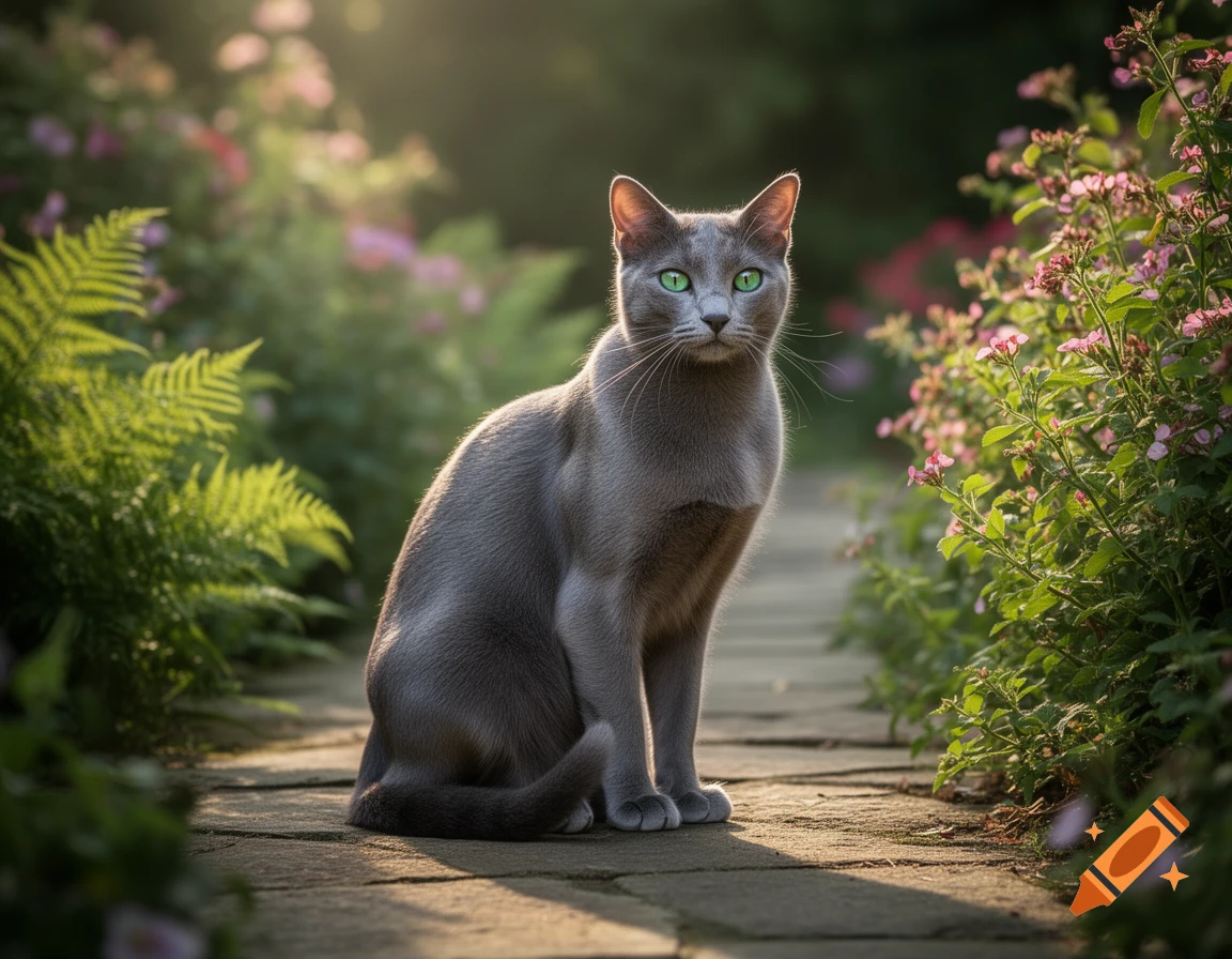 A photorealistic grey cat with bright green eyes sitting on a stone pathway in a sunlit garden with ferns and pink flowers.