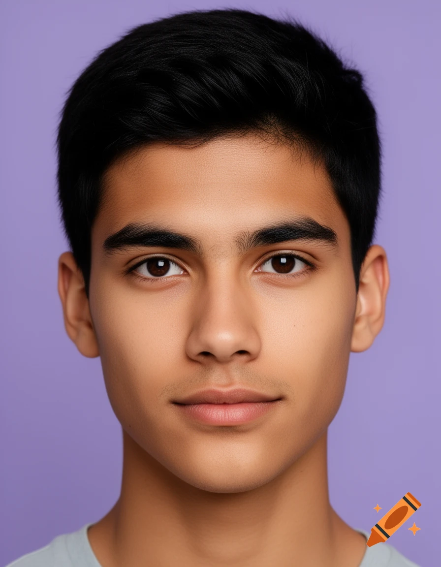 Photorealistic headshot of a young man with short black hair, dark brown eyes, and light tan skin against a solid purple background.