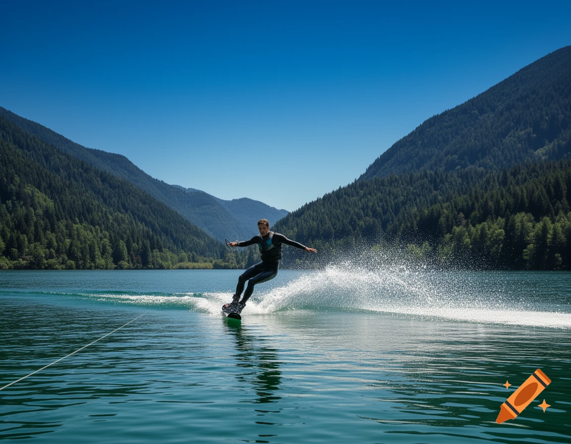 A person wakeboarding across a clear blue lake, creating a large splash, with forested mountains and a clear sky in the background.