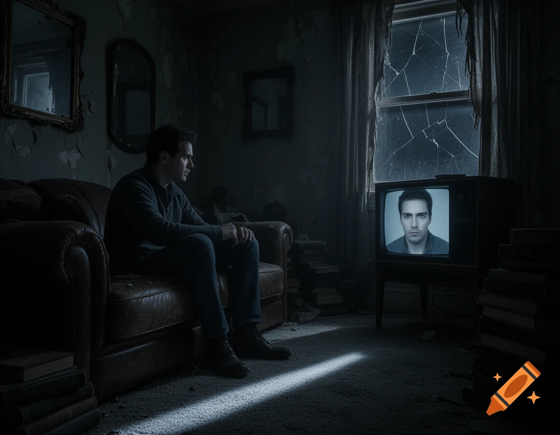 A man on a leather couch in a dark, dilapidated room watches his own reflection on a vintage TV, a broken window behind it, creating an eerie, photorealistic scene.
