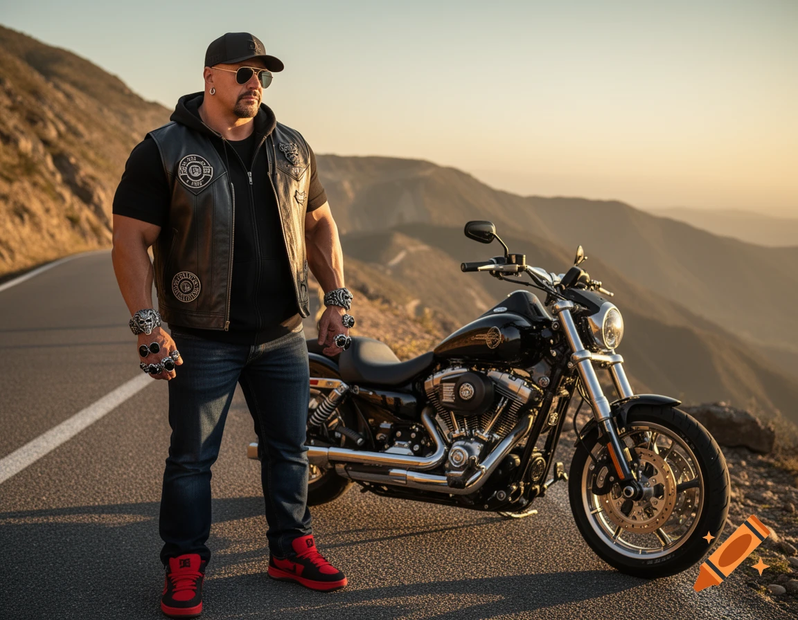 A muscular man in a biker vest and sunglasses stands next to a black motorcycle on a mountain road at sunset.