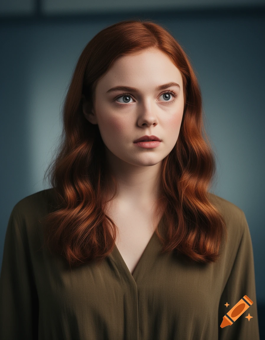 Photorealistic portrait of a young woman with long wavy red hair and light eyes in an olive-green top, looking right.