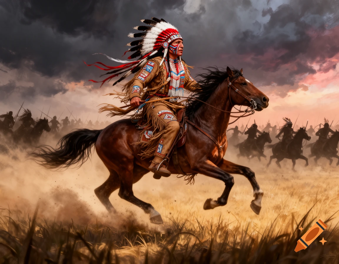 A Native American warrior in a feathered headdress on horseback leads a charge across a dusty field with other warriors under a dramatic sky.