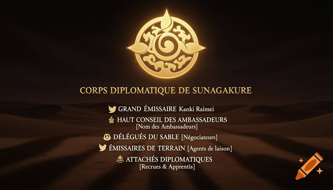 A golden emblem centered over a desert background with a glow, surrounded by golden text in French listing a diplomatic corps hierarchy with stylized icons.