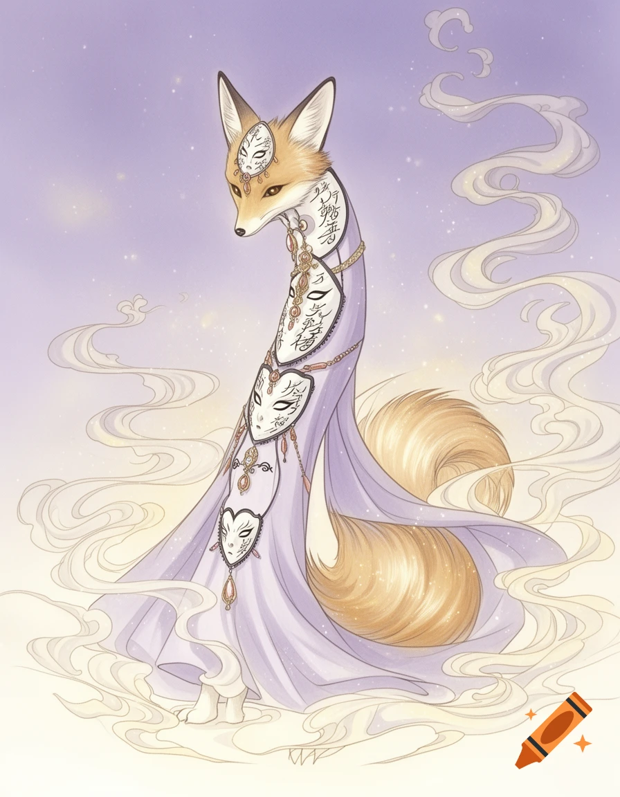 Stylized fox in a purple robe adorned with white masks and gold chains, amidst swirling smoke, anime art style.