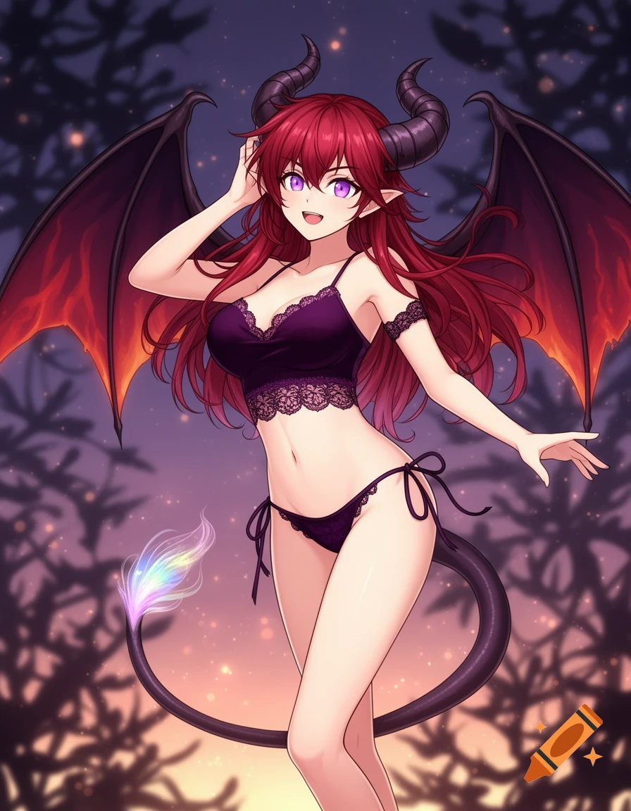 An anime succubus with red hair, purple eyes, horns, and bat wings wears a purple lace bralette and panties, posing in a dark forest background.