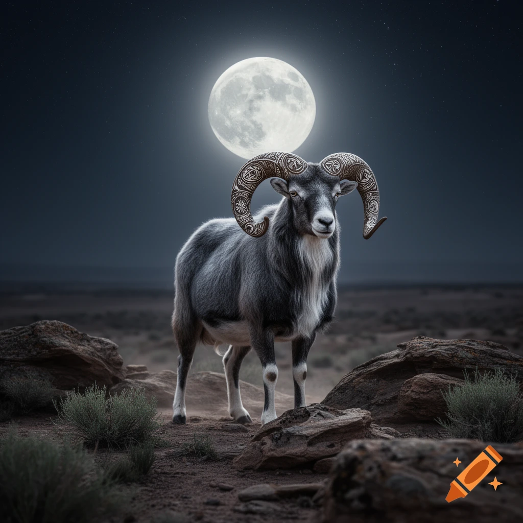 A photorealistic ram with ornate, tribal-patterned horns stands in a rocky, barren landscape under a bright full moon at night.