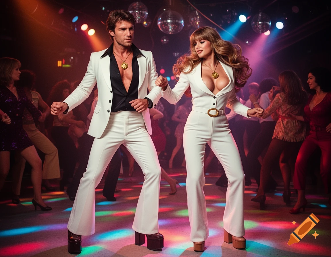 A man and woman in 70s white disco suits and platform shoes dance under colorful lights in a crowded disco club.