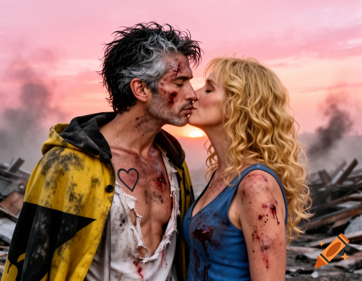 Injured man and woman, covered in blood and dirt, kiss at sunset in a destroyed landscape, photorealistic.
