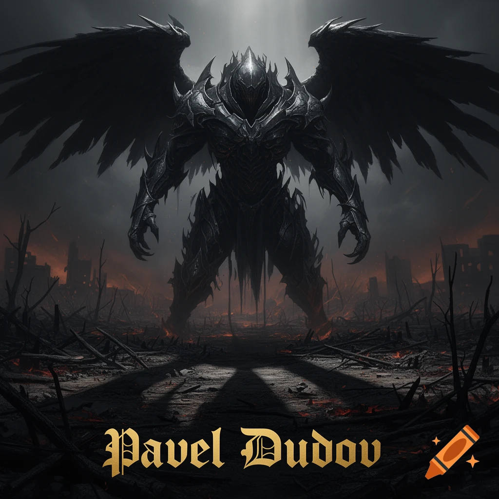 A colossal dark armored entity with massive black wings stands over a burned, destroyed world, with gold text 'Pavel Dudov' at the bottom.