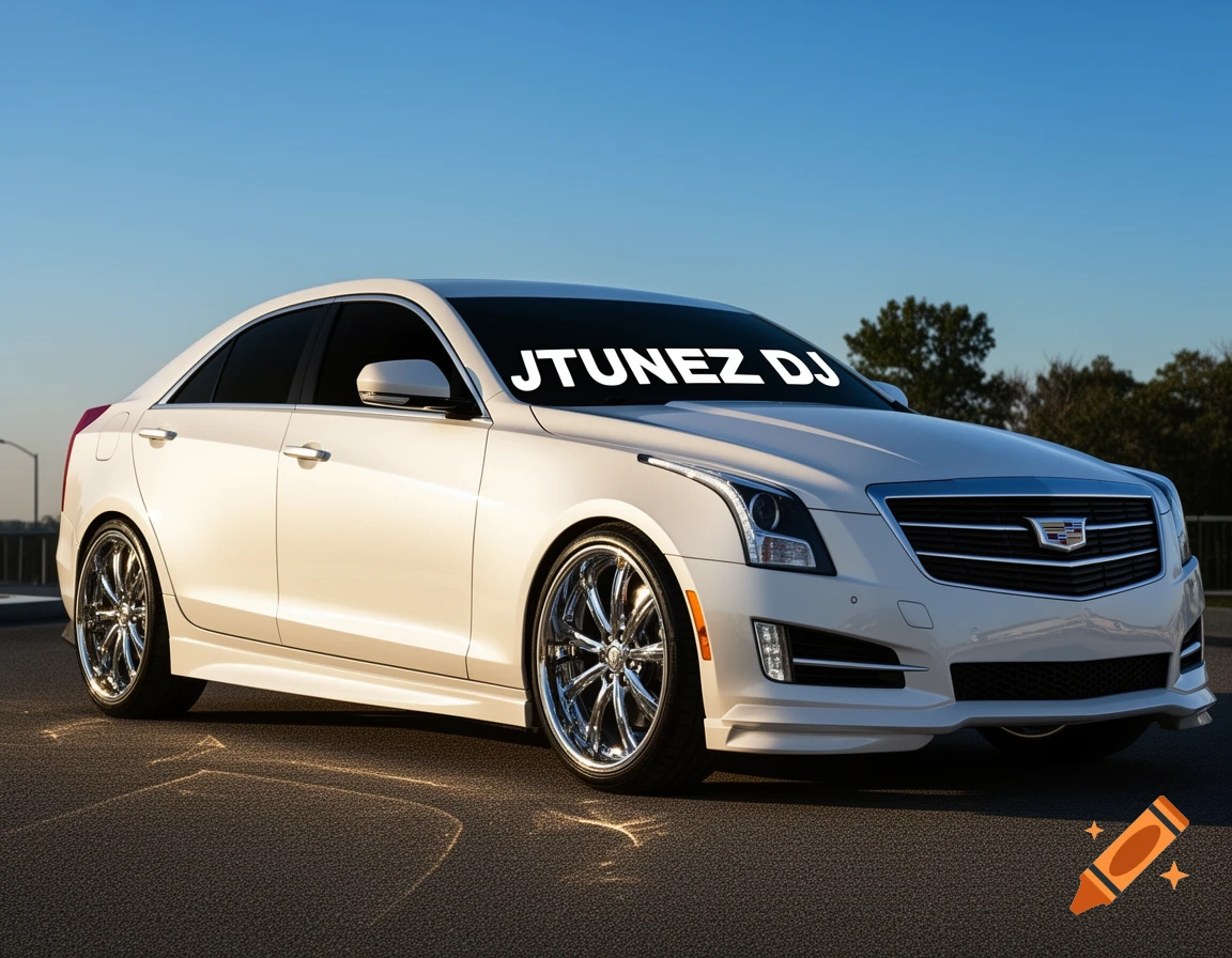 A white Cadillac ATS with blacked-out windows and chrome wheels, featuring 'JTUNEZ DJ' on the windshield, under a clear sky.