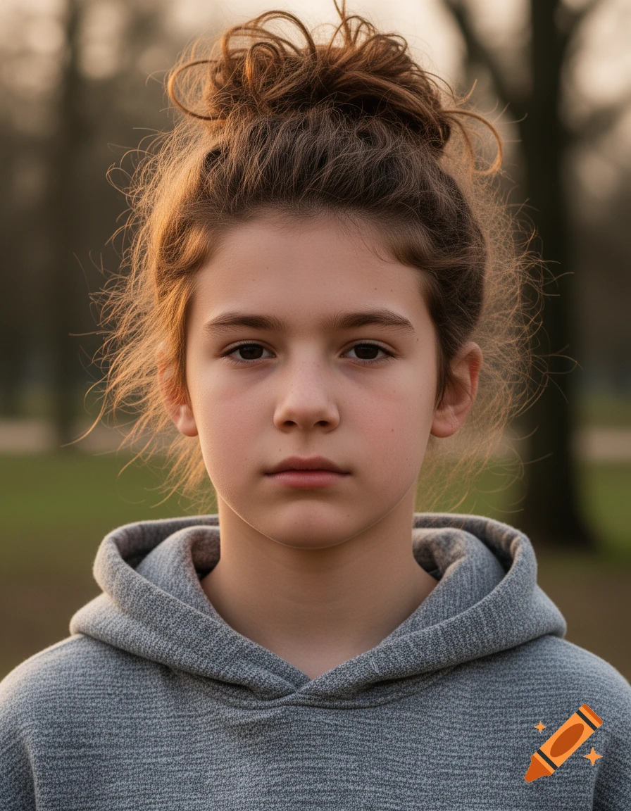 Photorealistic portrait of a teenager with brown hair in a messy bun, wearing a grey hoodie, looking at the camera.