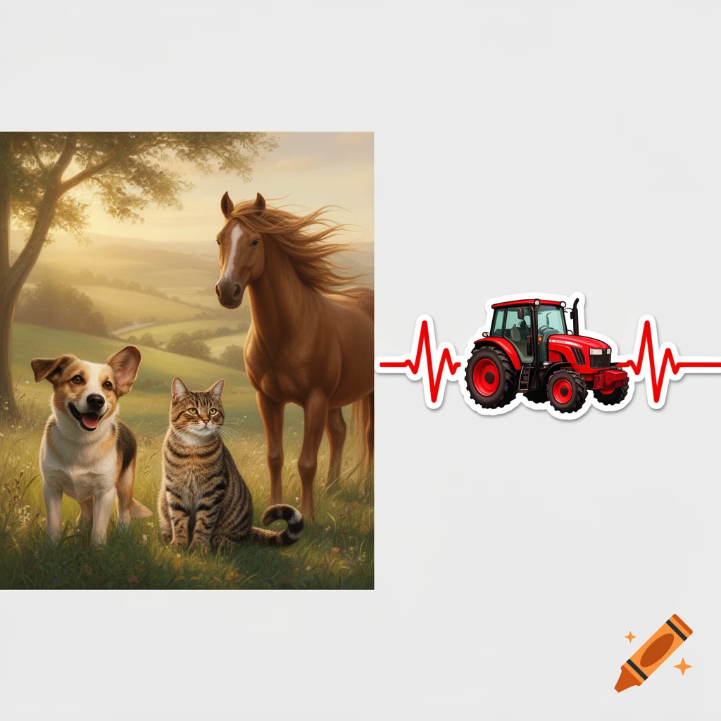A painted dog, cat, and horse in a grassy field, alongside a sticker illustration of a red tractor within a red heartbeat line.