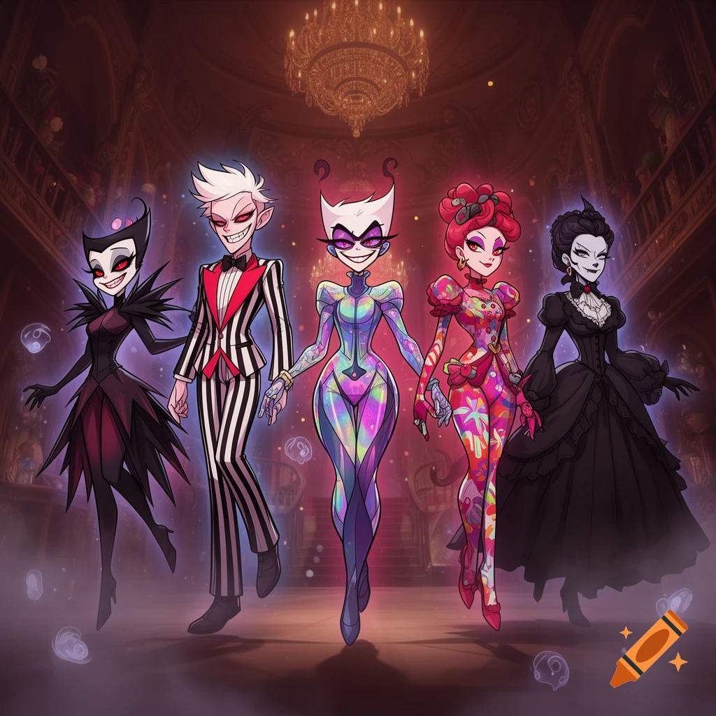 Five stylized cartoon characters in diverse, ornate outfits stand in a grand hall under a large chandelier.