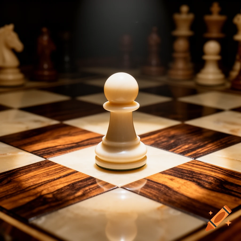 A white chess pawn on a wooden chessboard, spotlit with blurry chess pieces in the background.