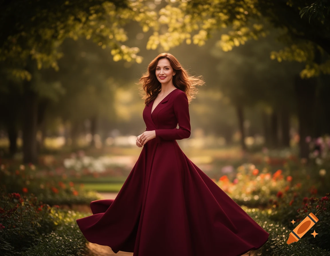 A smiling woman with flowing brown hair wears a long-sleeved deep red dress, standing in a sunlit garden.