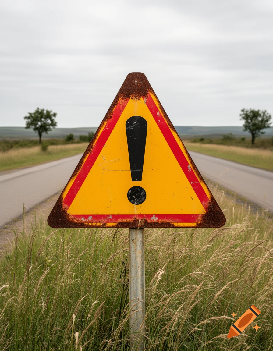 A rusty yellow triangular warning sign with a black exclamation mark stands on a rural road amidst tall grass under a cloudy sky.