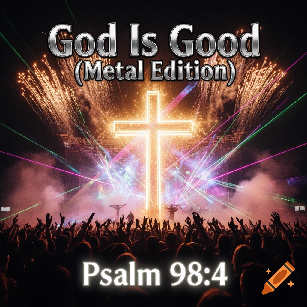 Glowing cross at a rock concert with fireworks, laser lights, and a cheering crowd. Text: God Is Good (Metal Edition), Psalm 98:4.