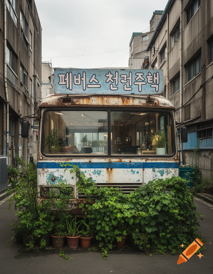 An old, rusty bus, covered in green vines and potted plants, sits in a narrow urban alley. A sign above reads '폐버스 청년주택'.
