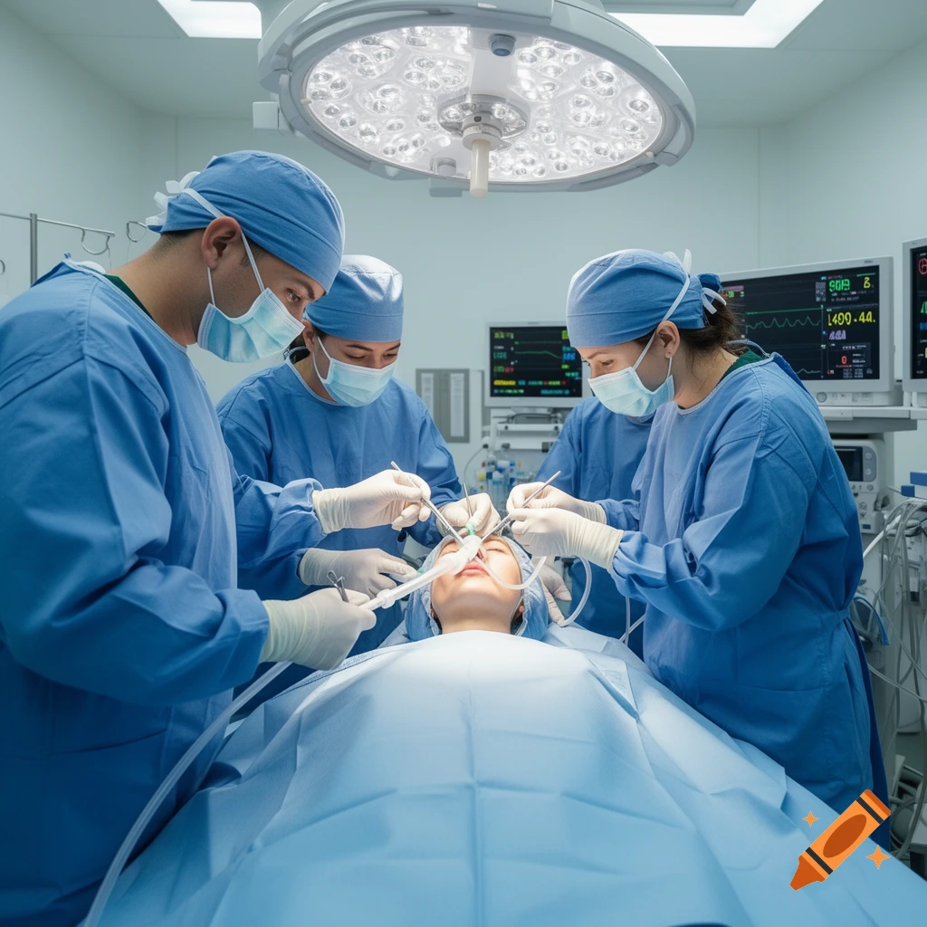 Four medical professionals in blue scrubs and masks intubate a patient lying on an operating table in a brightly lit surgery room.