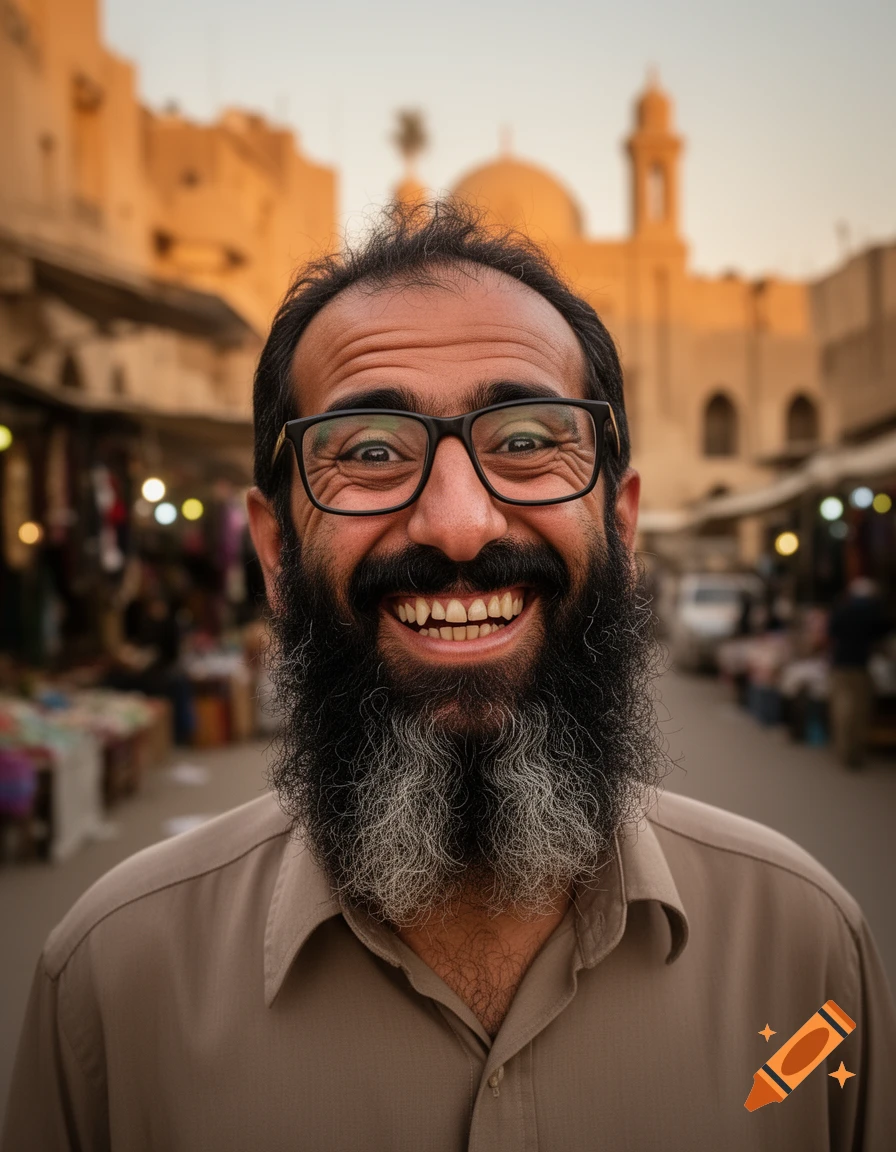A photorealistic portrait of a goofy, bearded man with thick glasses, crooked teeth, and wide eyes, smiling in a bustling Middle Eastern street.