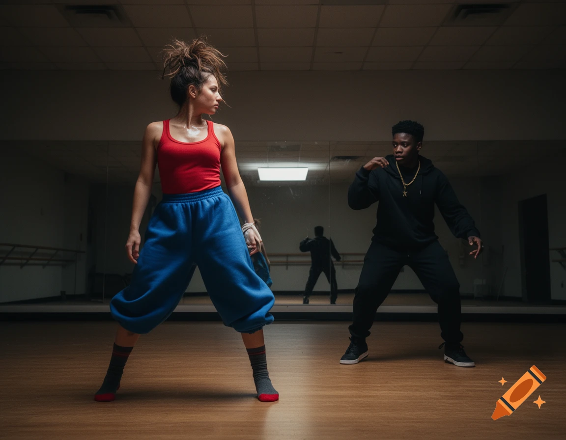 A woman in a red tank top and blue sweatpants and a man in a black hoodie face each other on a dance floor in a dimly lit studio.