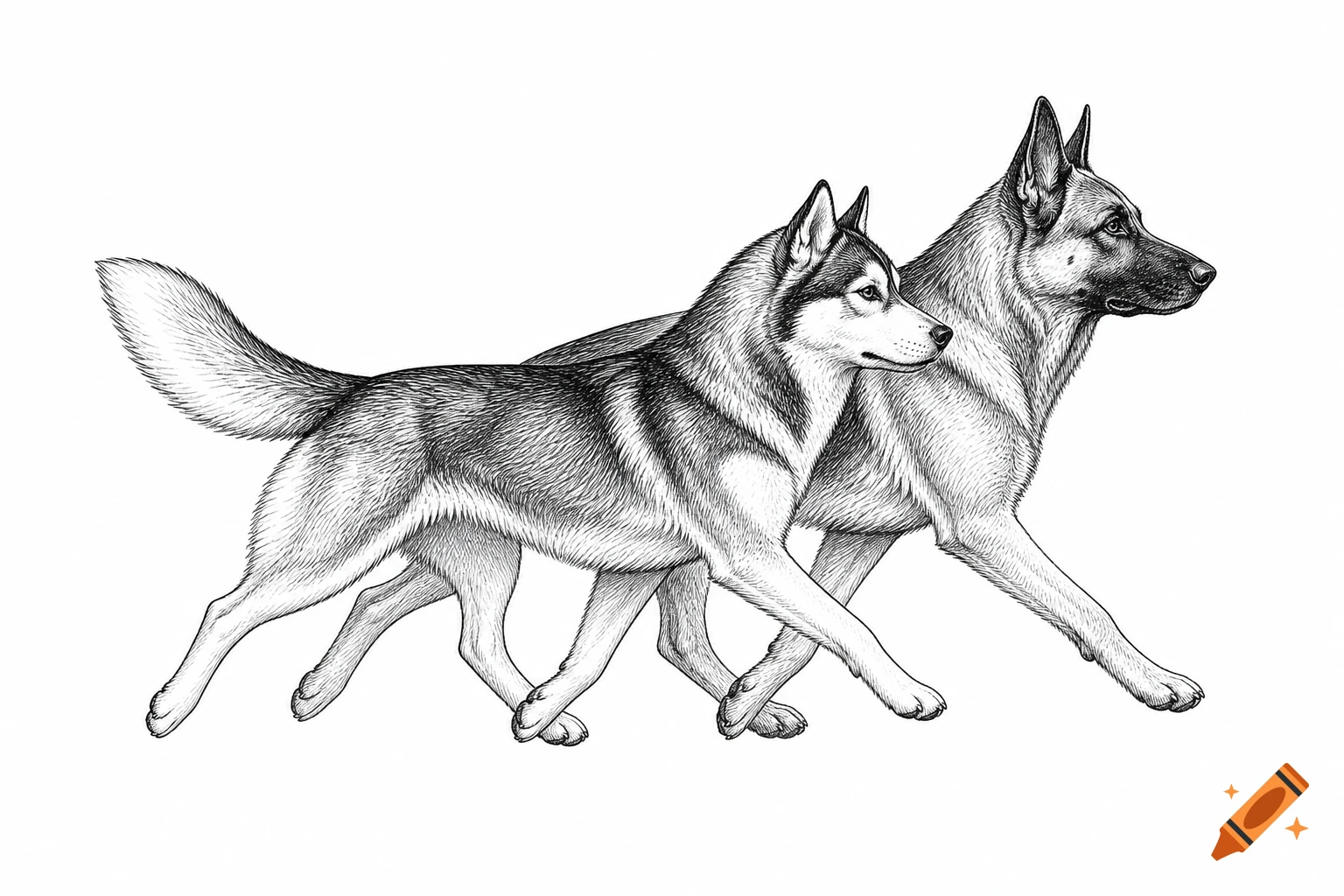 Side profile fineliner ink drawing of a Siberian Husky and German Shepherd trotting in sync on a white background.