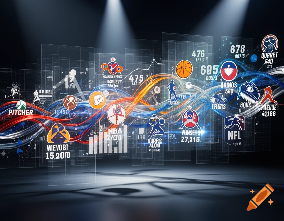 A futuristic holographic display showing sports statistics with glowing lines, data points, and icons for baseball, basketball, and football under spotlights.