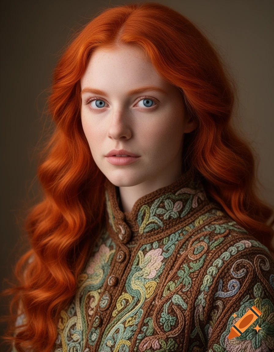 Close-up photorealistic portrait of a fair-skinned, red-haired woman with blue eyes wearing an intricately embroidered brown jacket.