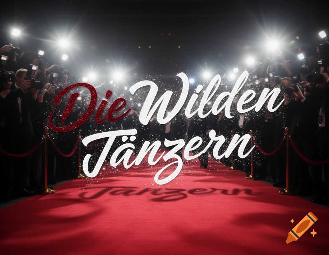 A red carpet event with bright paparazzi flashes, featuring large, glittery red and white text "Die Wilden Tänzern" in a cursive font.