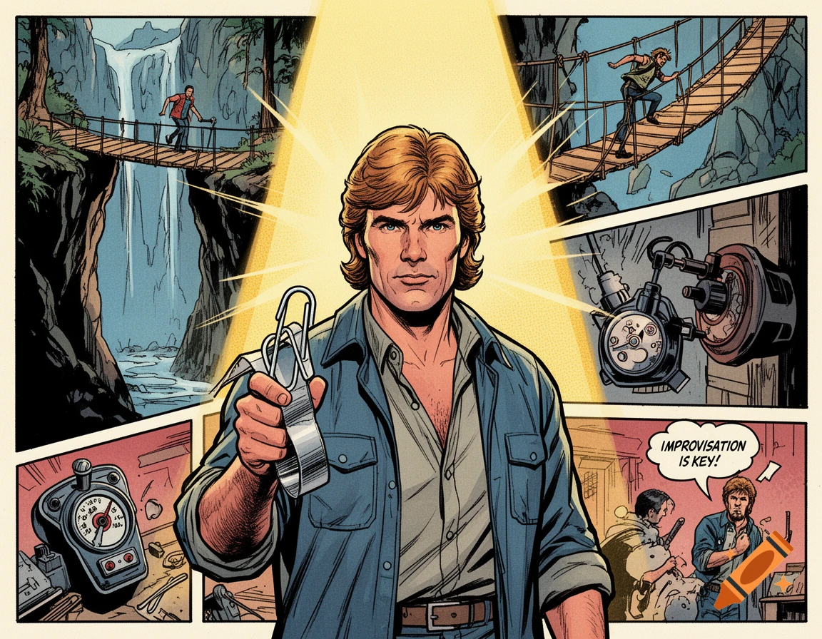 Comic book art of a determined man, resembling MacGyver, holding paper clips under a spotlight. Panels show him on a rope bridge and text "IMPROVISATION IS KEY!"