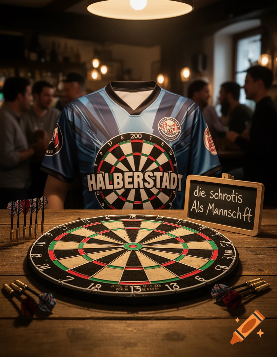 A dartboard and several darts on a wooden table, with a dart shirt featuring 'HALBERSTADT' in the background, inside a dimly lit pub. A small chalkboard reads "die schrotis Als Mannschaft".