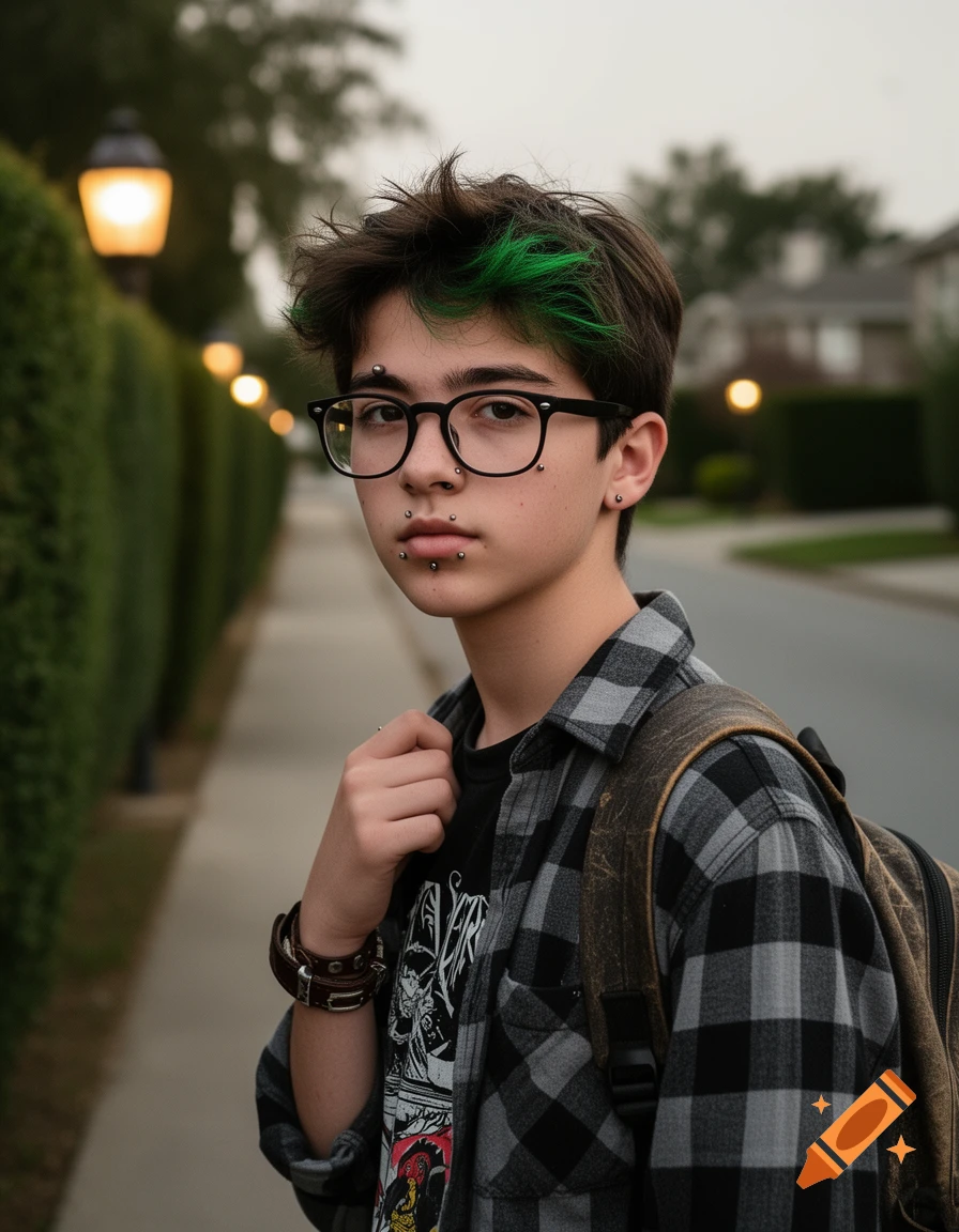 A young person with dark hair, green streaks, glasses, and facial piercings, wearing a plaid shirt and backpack, stands outdoors.