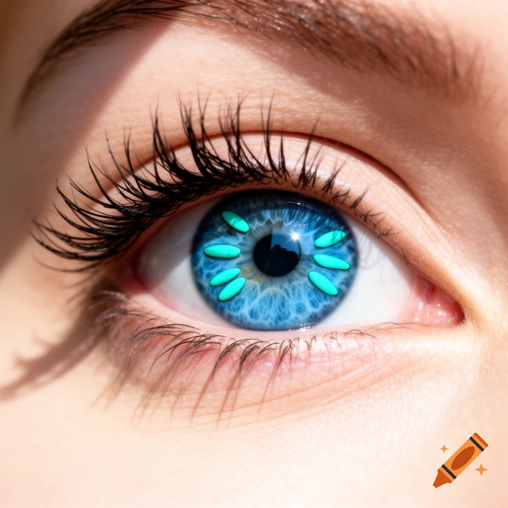 A close-up shot of a woman's blue eye with long eyelashes, featuring turquoise, elongated speckles embedded in the iris.