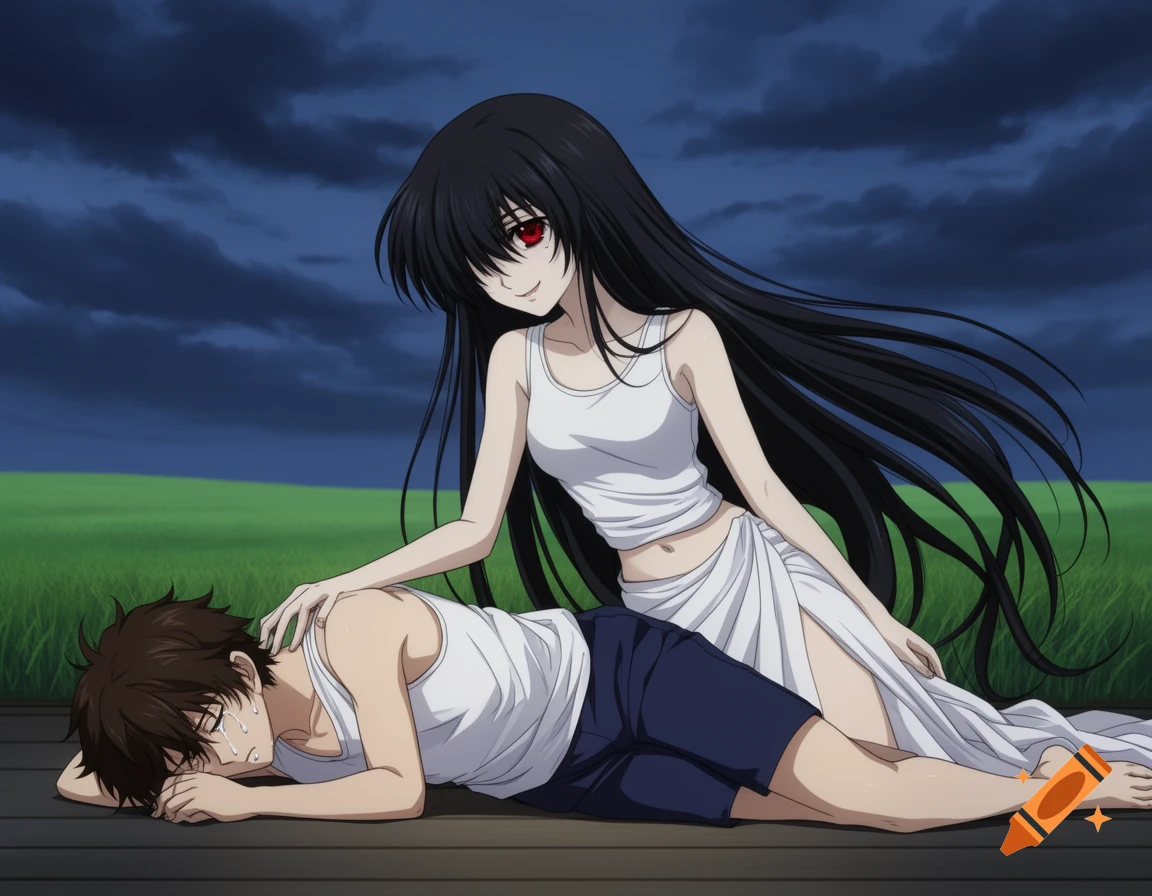 An anime scene showing a dark-haired woman with red eyes comforting a crying man, both dressed in white tank tops and dark bottoms, under a dark cloudy sky with green plains.