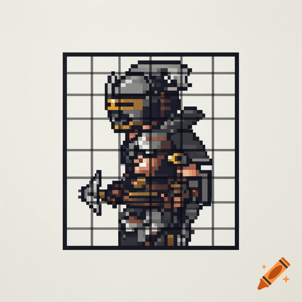 A pixel art warrior in a helmet and armor, viewed from the side, standing on a grid background.
