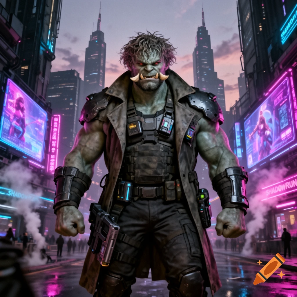 A muscular, grey-skinned troll-like man with tusks and red eyes stands in a rainy, neon-lit cyberpunk city street, wearing a long coat and tactical gear, in a photorealistic style.