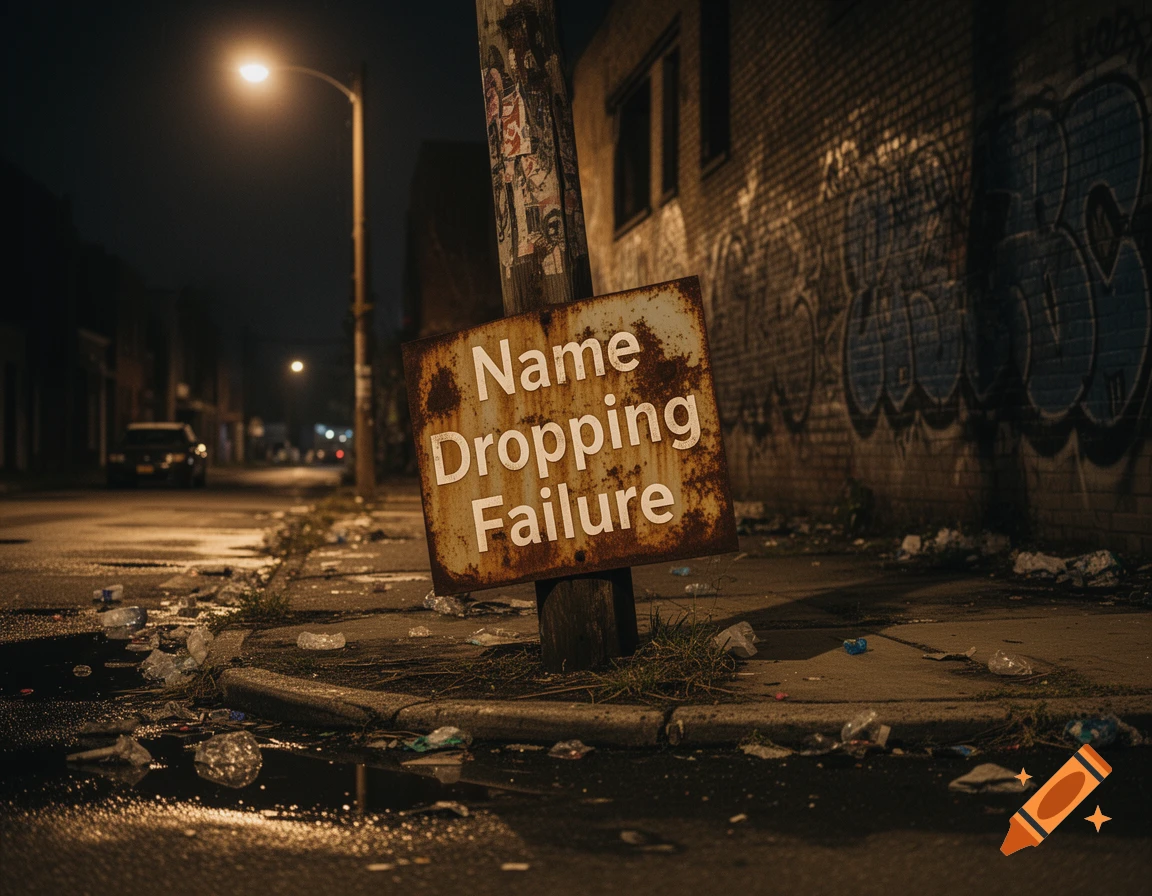 A rusty 'Name Dropping Failure' sign in a dark, trash-strewn urban street at night, illuminated by a streetlamp.