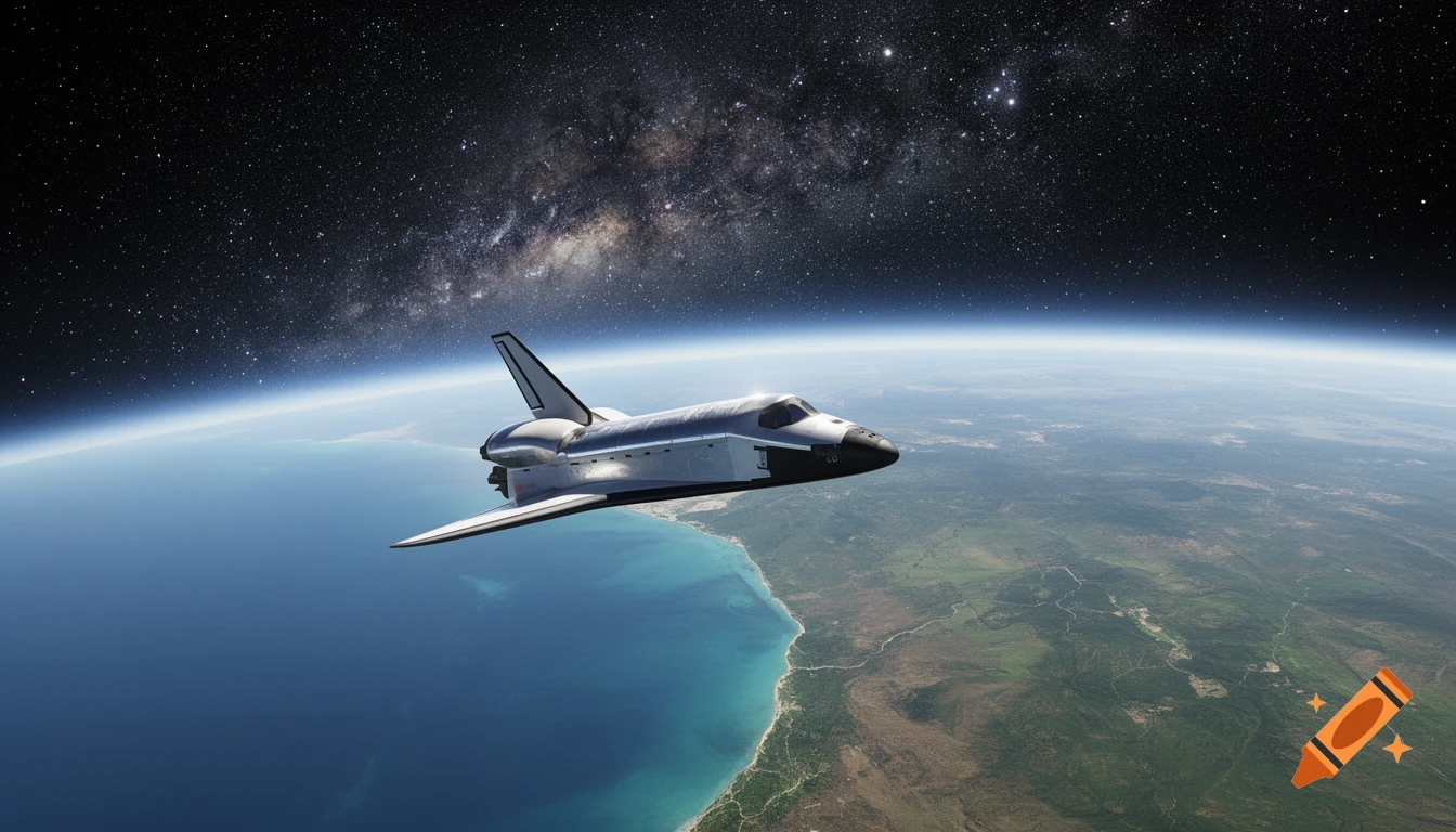 A photorealistic image of a space shuttle orbiting Earth, with a detailed view of the planet's coastline and the Milky Way galaxy in the background.