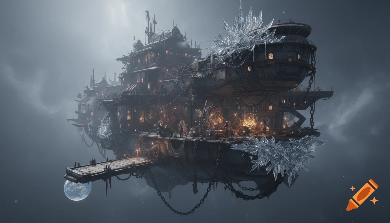 A colossal, intricate dark fantasy sci-fi city-ship made of wreckage and ice crystals floats in a misty void with glowing lights and a planet below.