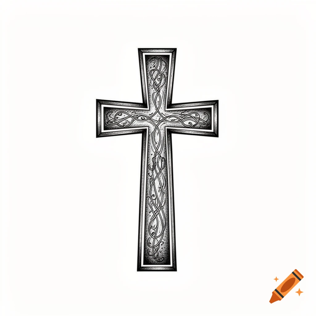 A decorative black and white cross with intricate swirling patterns, set against a plain white background.