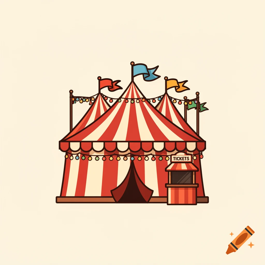A flat vector illustration of a red and white striped circus tent with colorful flags and string lights, next to a small ticket booth, on a plain background.