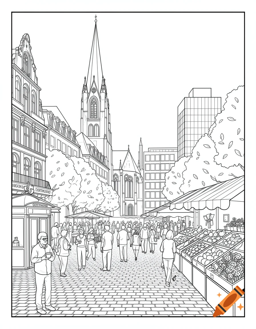 Black-and-white line art of a bustling European city street market with a large church spire in the background, drawn in a coloring book style.