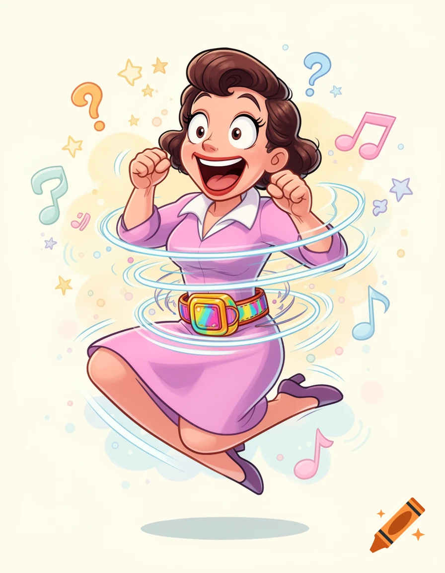 Whimsical cartoon illustration of a smiling woman in a pink dress and rainbow belt, jumping with musical notes and question marks.