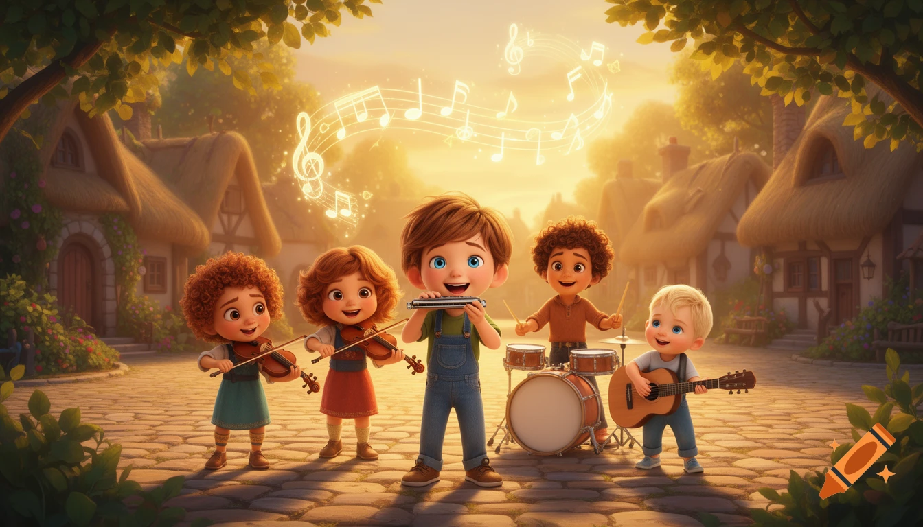 Four joyful cartoon children play instruments in a sunny village square with glowing musical notes, Pixar-like painterly style.