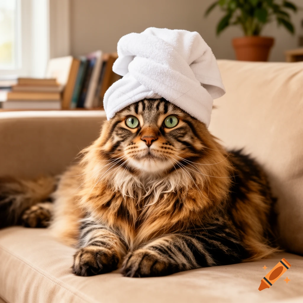 A fluffy Maine Coon tabby cat with bright green eyes wears a white towel wrapped like a turban on its head, sitting on a beige couch.