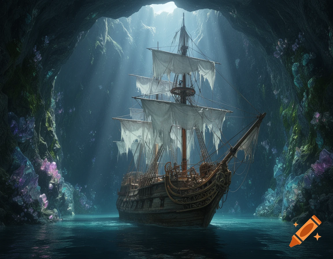 A tall ship with tattered sails floats in a mysterious, sunlit undersea cavern with glowing purple and green crystals on the walls.