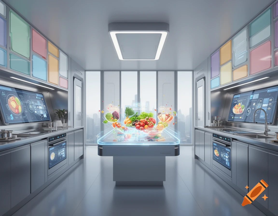 A sleek, futuristic kitchen with metallic surfaces, multiple digital screens, and a central holographic table displaying fresh produce. A cityscape is visible through a large window.