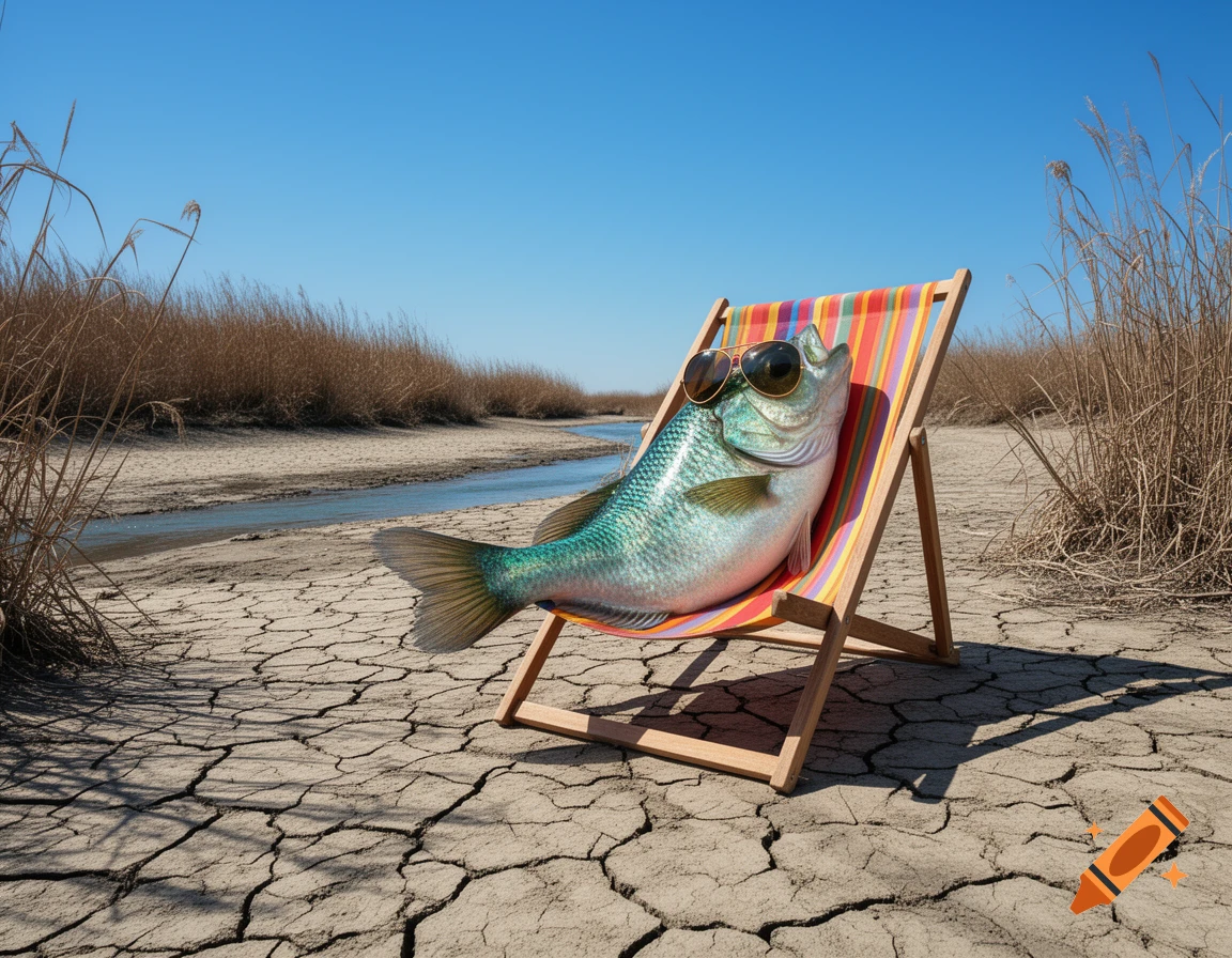A large fish wearing sunglasses lounges in a colorful deck chair on dry, cracked earth beside a shallow stream under a clear blue sky.