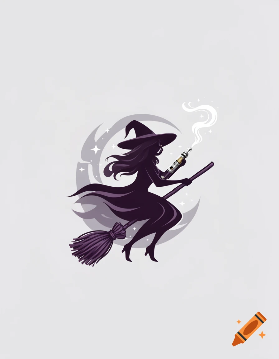 Stylized illustration of a witch silhouette flying on a vape device, emitting smoke, against a crescent moon and stars.